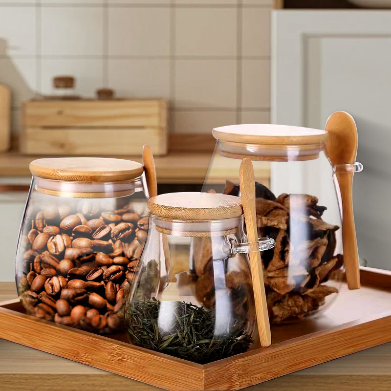 Coffee Tea Jar Set - ขวดโหลแก้วปิดผนึกพร้อมช้อนและฝาขวดเครื่องเทศใสขนาด34ออนซ์โถใส่น้ำตาลกล่องเก็บสินค้าอาหารขนาดเล็กกาต้มน้ำในครัว