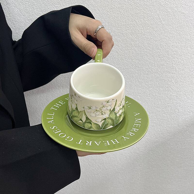Valley Tea And Coffee - ชุดถ้วยกาแฟและจานเซรามิกสไตล์วินเทจลายดอกลิลลี่ออฟเดอะวัลเลย์ หรูหราเบาๆ สำหรับลาเต้และน้ำชายามบ่าย