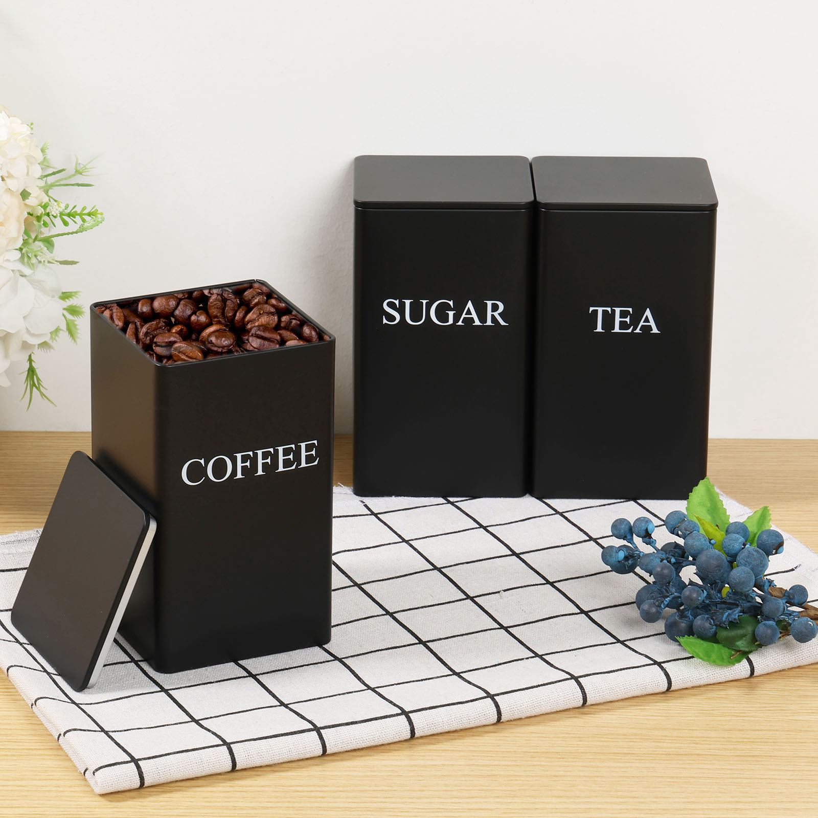 Canister Coffee Sugar Tea - 3 ชิ้นกาแฟ Bean ถังเก็บชาน้ําตาลสูญญากาศปิดผนึก Jars กระป๋องเหล็กความร้อนครัวครีม