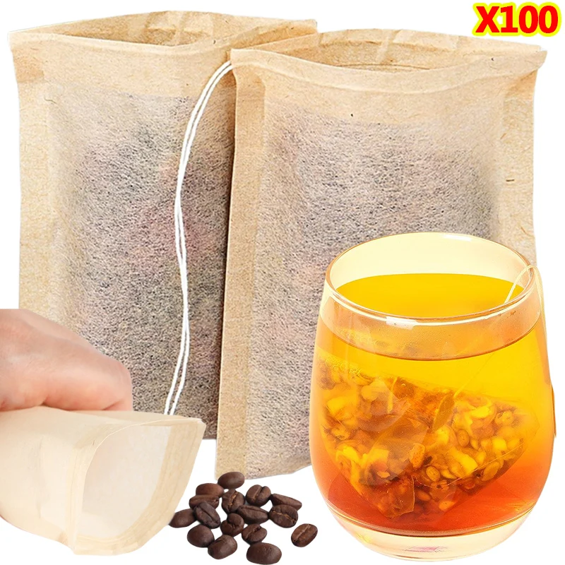 Coffee Tea Leaf - 100 ชิ้น Teabags พร้อมสายรัดกรองถุงชาเปล่าสําหรับกาแฟ Bean Leaf