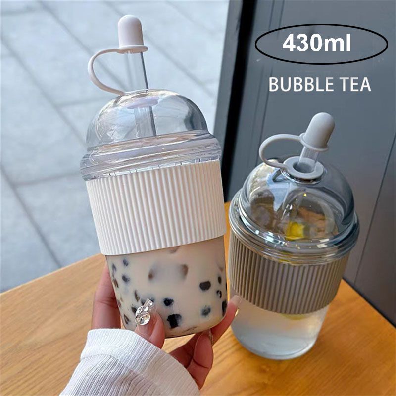 Coffee Tea Boba - แก้วหลอดดูดขนาด 430 มล. พร้อมฝาปิด แก้วชาไข่มุกแบบมีฟอง ความจุขนาดใหญ่