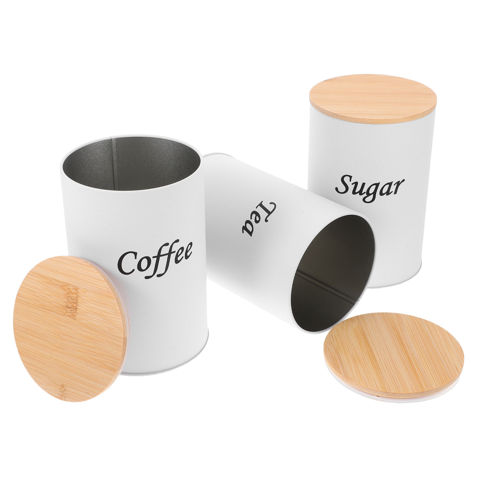Coffee Tea Sugar - กระป๋องทรงกลมสุญญากาศ 3 ชิ้น ตัวกระป๋องเหล็กชุบสังกะสี ฝาไม้ไผ่ สำหรับเก็บกาแฟ