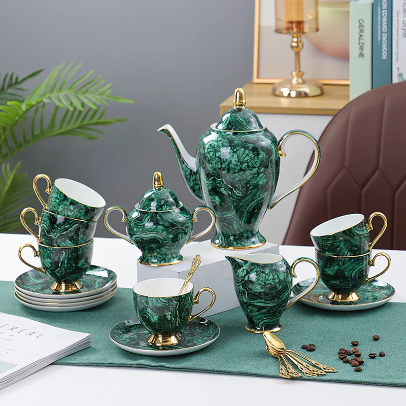 Coffee Tea Sugar - กระดูกจีนกาน้ำชา Drinkware สีเขียว Gold Inlay ถ้วยกาแฟยุโรปชามเซรามิค
