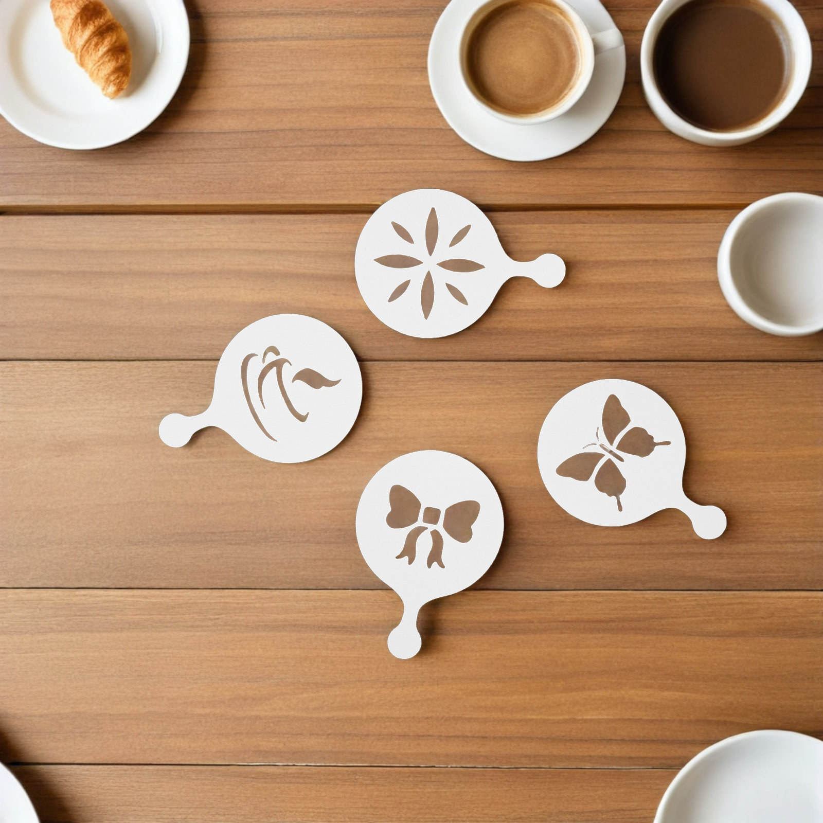 Coffee Stencil Art - แม่แบบลายลาเต้ 8 ชิ้น ทำจากพลาสติกที่นำกลับมาใช้ใหม่ได้ สำหรับตกแต่งคาปูชิโน่ คุกกี้