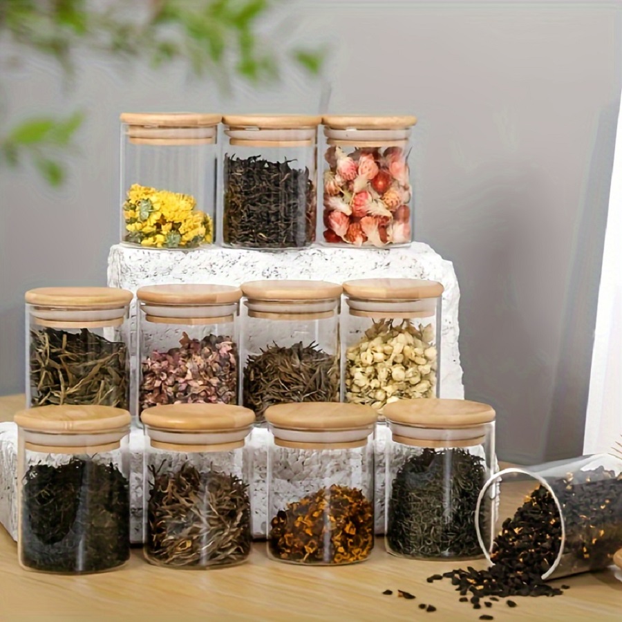 Coffee Tea Jar Set - โถแก้วใส่ของอัดลม12ชิ้น/เซ็ตพร้อมฝาไม้ไผ่สำหรับชากาแฟน้ำตาลแบบพกพาและภาชนะโปร่งใสสำหรับบ้านห้องครัว