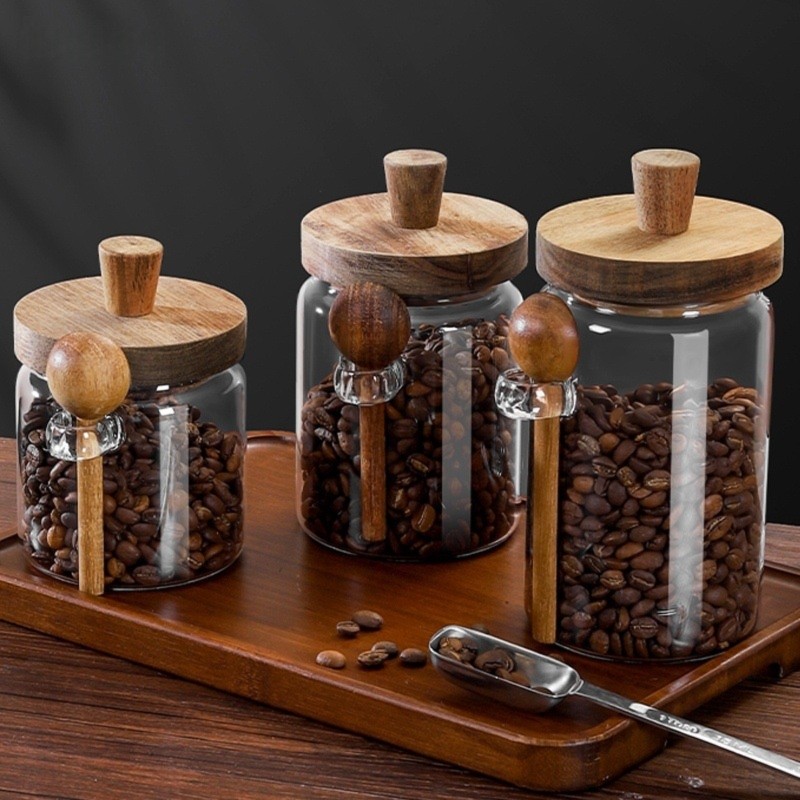 Coffee Tea Jar Set - ชุดโหลแก้ว ABJI พร้อมฝาไม้และช้อน ขนาด 13, 20