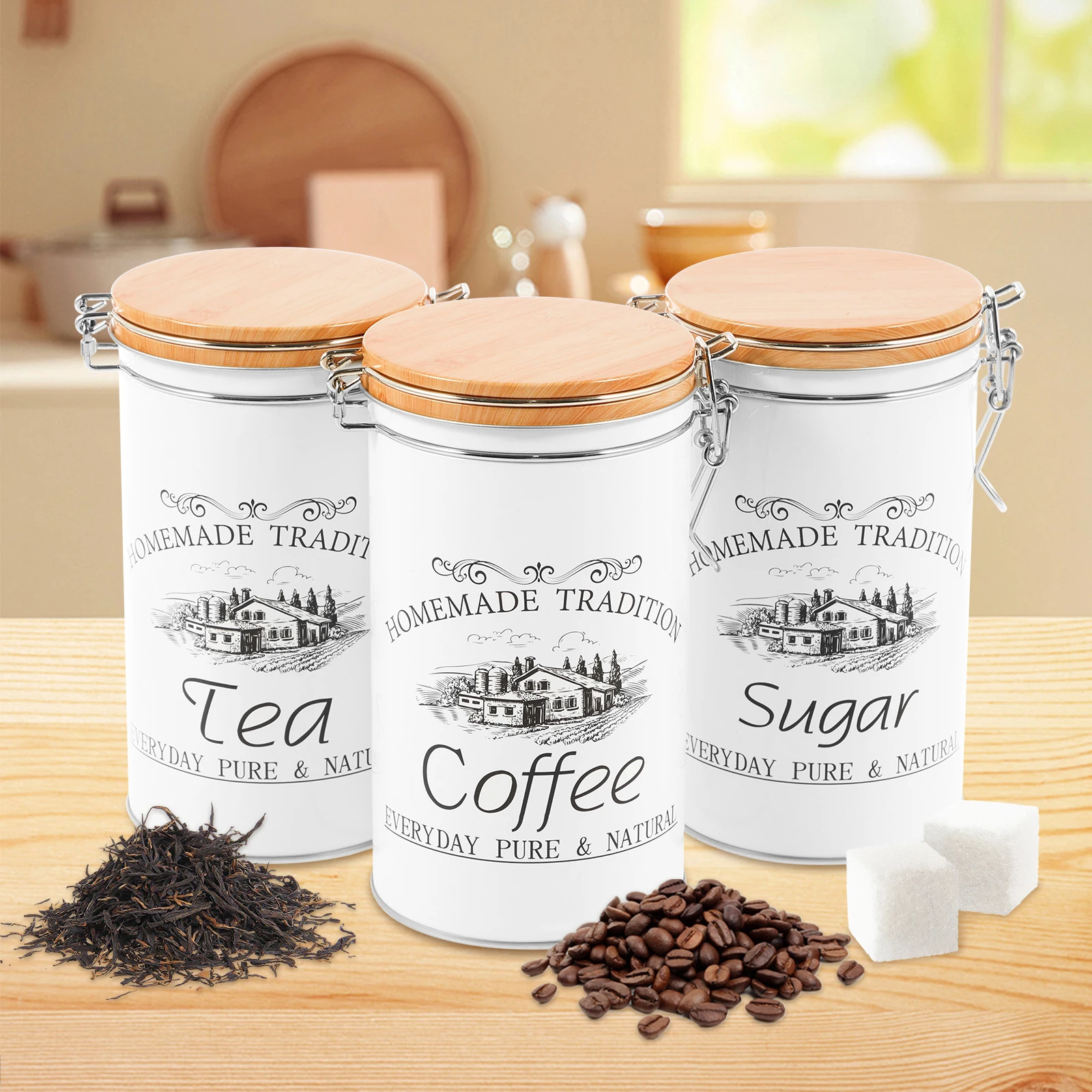 Coffee Tea Jar Set - ชุดกระป๋องเก็บชา กาแฟ น้ำตาล 3 ชิ้น/ชุด กระป๋องโลหะสำหรับเก็บเมล็ดกาแฟ