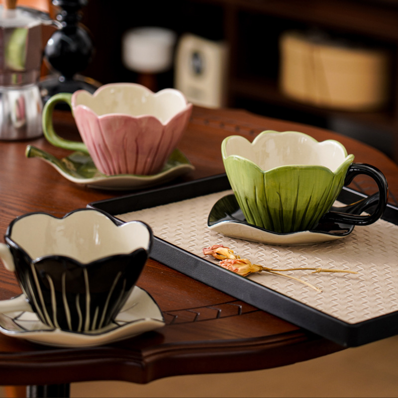 Coffee Tea Leaf - ไม่สม่ําเสมอมือวาดถ้วยกาแฟชุดจานประณีตสํานักงานชายามบ่ายแก้วแฟชั่นดอกไม้แก้วเซรามิคใบแผ่น Drinkwar