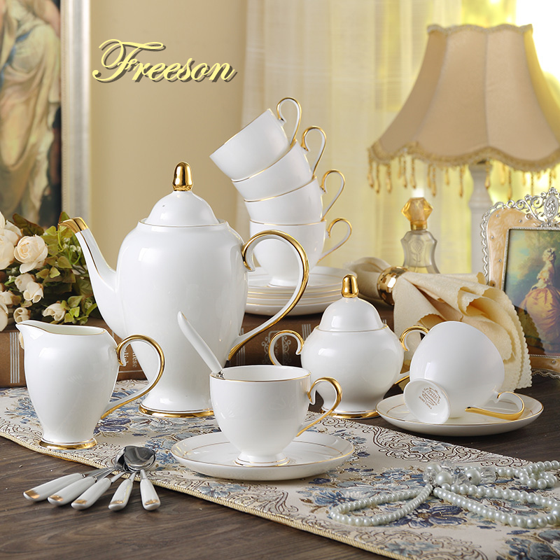 Coffee Tea Sugar - Grace Bone ชุดกาแฟจีนสีขาวทอง Porcelain ชุดชาขั้นสูงหม้อถ้วยแก้วเซรามิคชามน้ําตาลครีมเทียมกาน้ําชาเหยือกนม Teaset