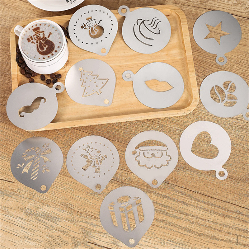 Coffee Stencil Art - 12pcs สแตนเลสสตีล Cafe โฟมแม่แบบ Barista Stencils