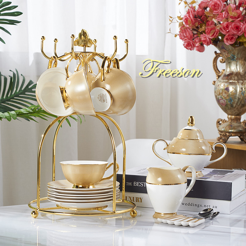 Coffee Tea Sugar - Luxury Goldกาแฟจีนชุดชาชุดขั้นสูงถ้วยแก้วเซรามิคหม้อชามน้ำตาลครีมกาน้ำชาDrinkware Coffeeware