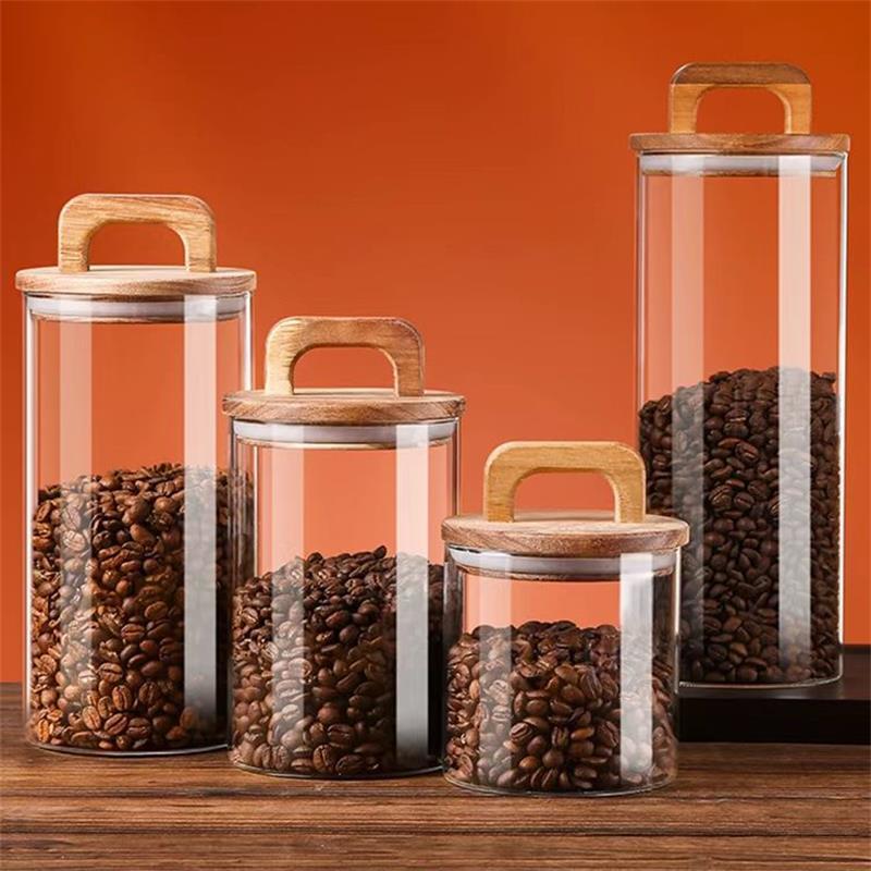 Canister Coffee Sugar Tea - ขวดแก้วใสพร้อมฝาปิดไม้ไผ่กระป๋องปิดผนึกภาชนะเก็บอาหารสําหรับชาหลวมกาแฟถั่วน้ําตาลเกลือ Gadgets ครัว