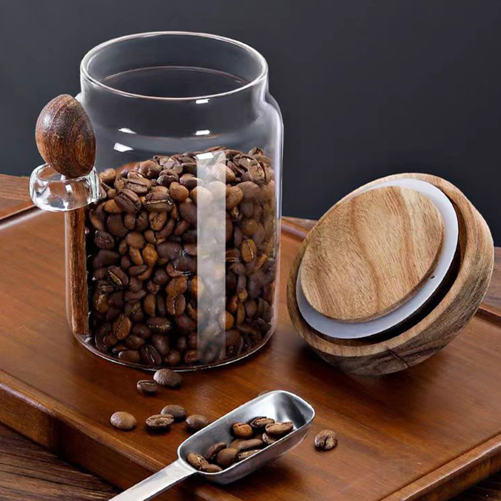 Coffee Tea Sugar - โถแก้วเก็บเมล็ดกาแฟ ฝาไม้ปิดสนิท ป้องกันการรั่วซึม ภาชนะเก็บชาในครัว ที่ใส่น้ำตาล โถแก้วปิดผนึก