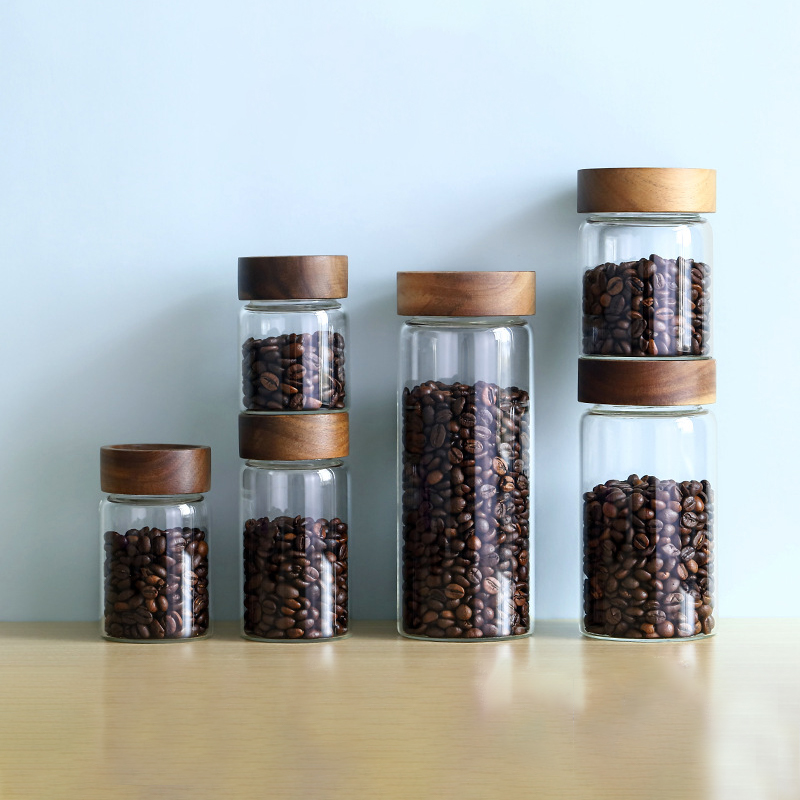 Coffee Tea Tumbler - ภาชนะเก็บเมล็ดกาแฟแบบหลอดแก้วพร้อมฝาไม้ กระป๋องเก็บเมล็ดแบบปิดผนึก อุปกรณ์บาริสต้า ของขวัญ