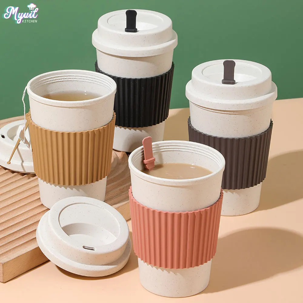 Coffee Tea Flask - 450ML ถ้วยกาแฟพร้อมฝาปิดฟางข้าวสาลีแบบพกพาถ้วยกาแฟเครื่องล้างจานปลอดภัยแก้วกาแฟชากาแฟถ้วยท่องเที่ยว