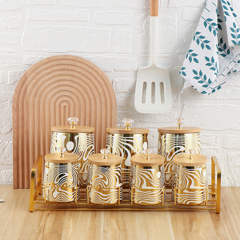 Canister Coffee Sugar Tea - ชุดกระป๋องครัวเซรามิกเคลือบ 7 สีชุดชากาแฟถังน้ําตาลชุดพร้อมชั้นวางสแตนเลส