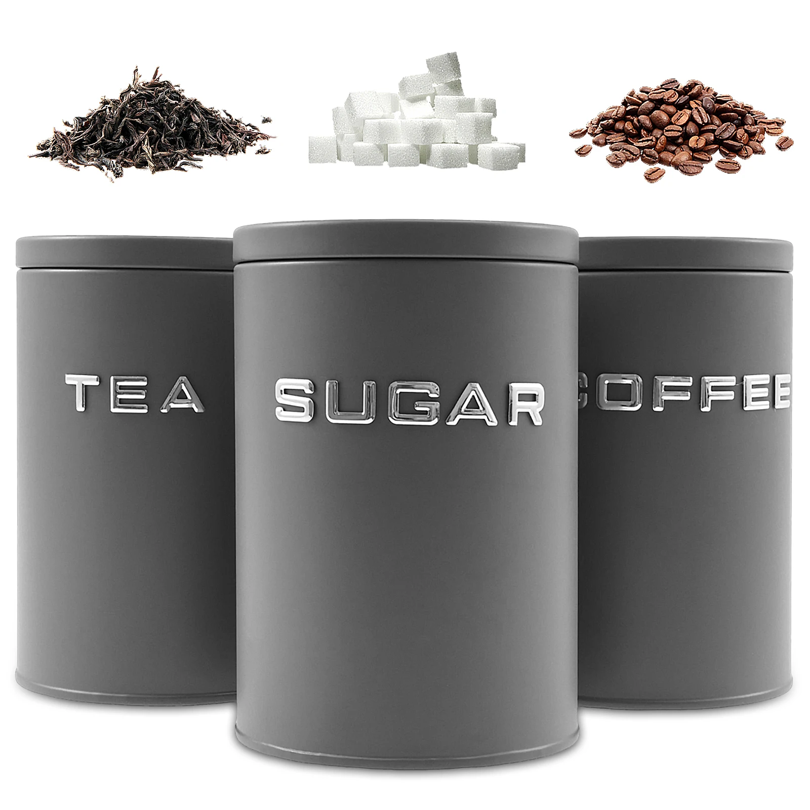 Canister Coffee Sugar Tea - กระป๋องเก็บชา กาแฟ น้ำตาล 3 ชิ้น ทำจากโลหะทรงกลม
