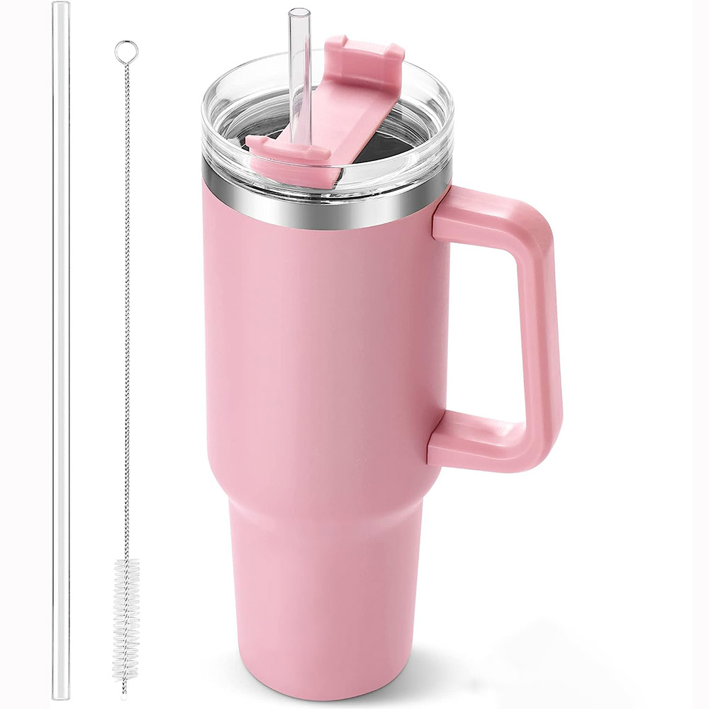 Coffee Tea Tumbler - แก้วเก็บความเย็นขนาด40ออนซ์พร้อมที่จับและหลอดถ้วยเก็บความเย็นสำหรับเดินทางสีชมพูแก้วกาแฟเย็นกระบอกน้ำสเตนเลสสตีลที่นำกลับมาใช้ใหม่ได้