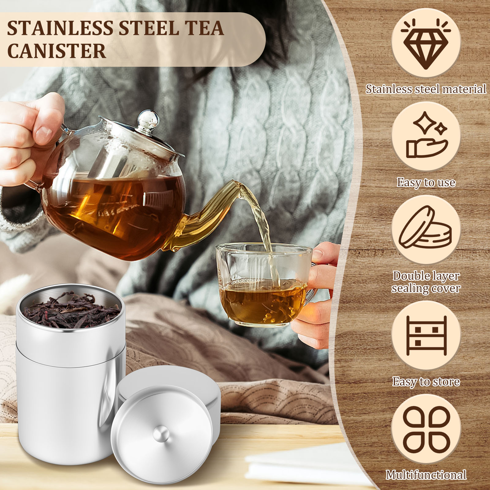 สแตนเลสสตีลชาใบกระป๋องกระป๋องห - Coffee Tea Sugar บทวิจารณ์และราคา